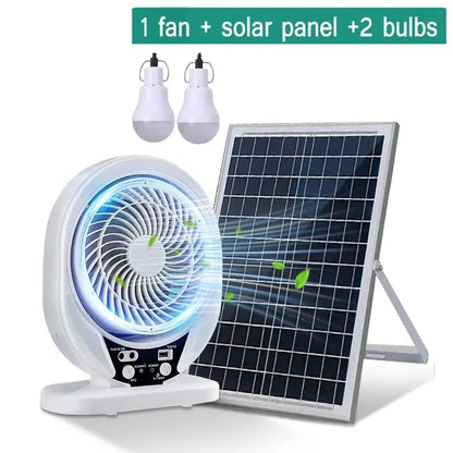 Solar+Fan+Light Multi Functional USB Charging with Solar Panel and LED Bulbs