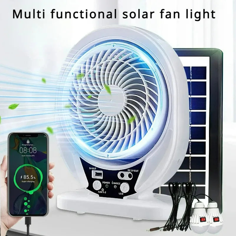 Solar+Fan+Light Multi Functional USB Charging with Solar Panel and LED Bulbs