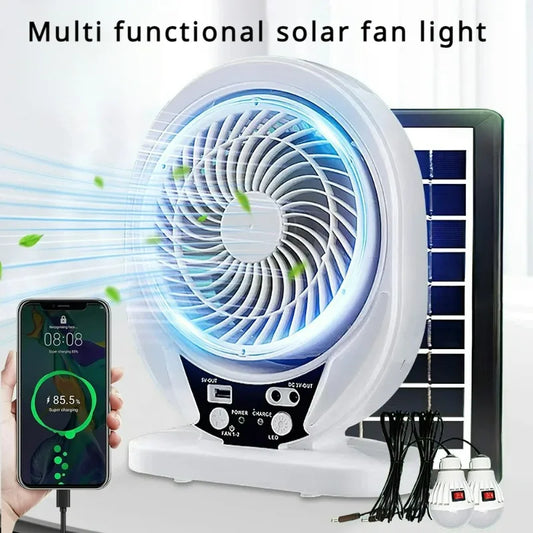 Solar+Fan+Light Multi Functional USB Charging with Solar Panel and LED Bulbs